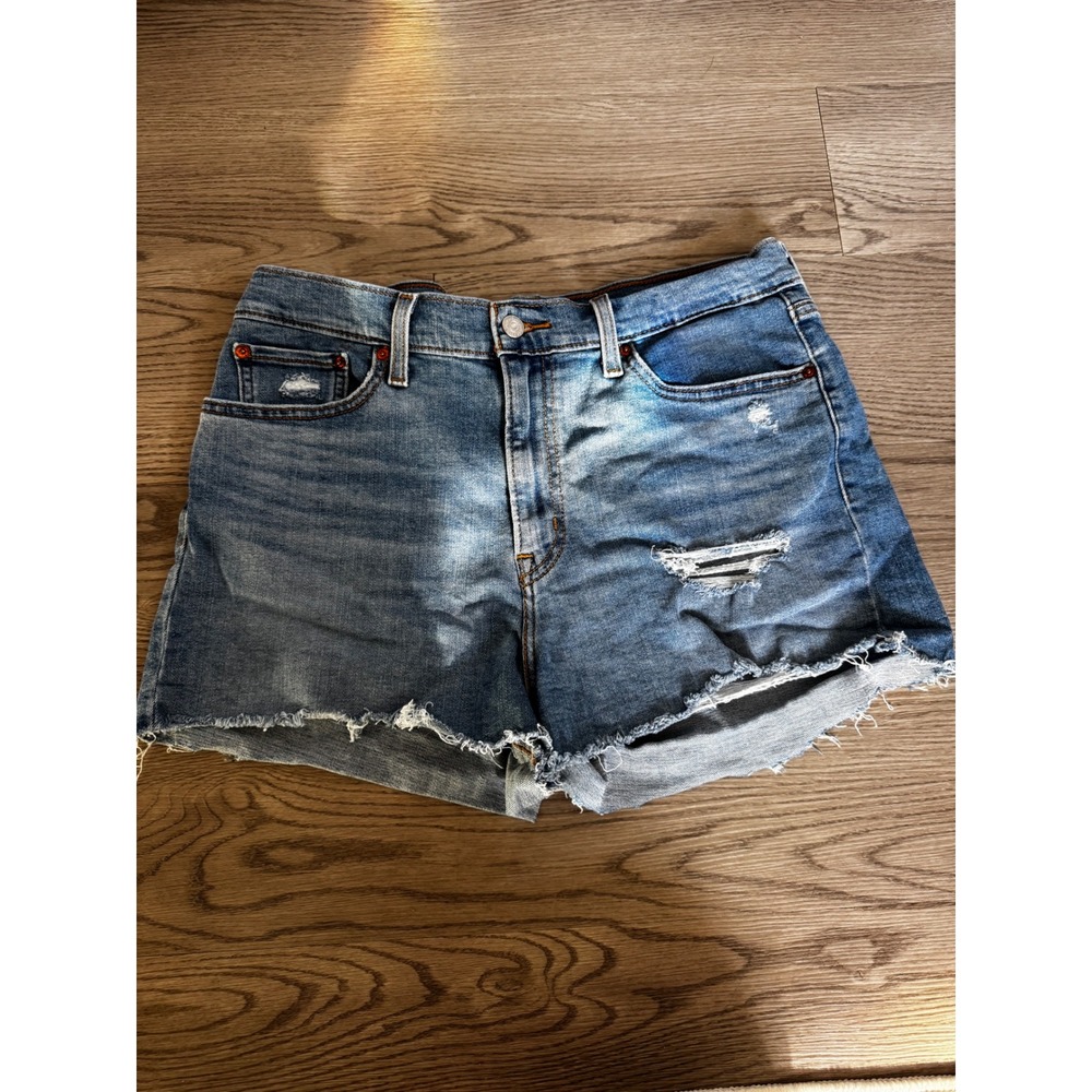 Levis High Rise Shorts Womens 32 Blue Denim Distressed Cut Off Raw Hem Wash